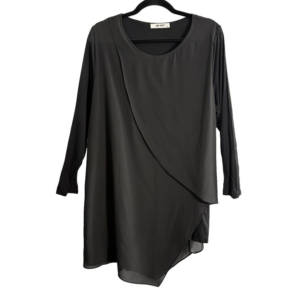 JIAN RUYI Women Long Sleeves Chiffon Layered Overlay Dress Sz 3XL Black 58-22
